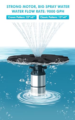 FS02 110V, 1/2 HP, Large Pond Floating Fountain with LED RGB Lights, Oil Free Pump 9000 GPH with 100’ Cord, Two Spray Patterns Included