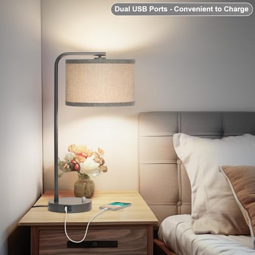 Gray Bedside Lamp with USB C+A Ports