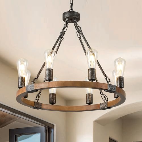 Farmhouse Wagon Wheel Chandelier 23.6" Oak Wood Chandelier Light Fixture 8