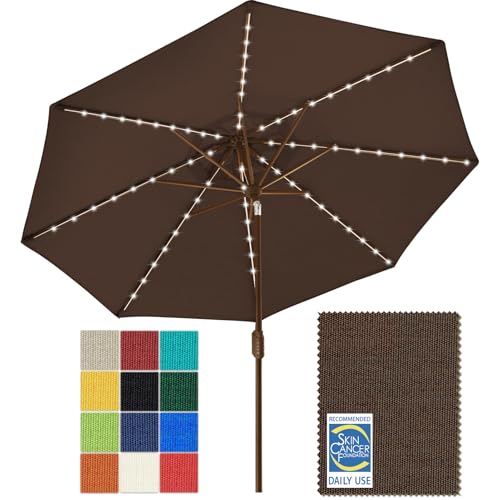 USA 10-Year-Non-Fading 9ft Market Patio Umbrella, Commercial Grade Table Sun Umbrella with 80 Solar LED Lights, Crank Open, Windproof & UPF 50+ UV Protection for Garden, Deck, Pool, Backyard, Chestnut
