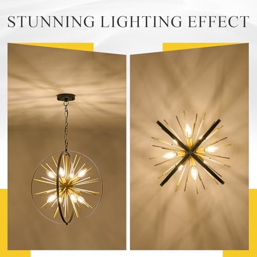 18" 8 Light Black Gold Sputnik Chandelier Modern Hanging Light