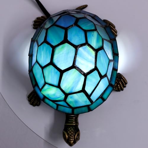 Tiffany Tortoise Lamp Small Stained Glass 8X5X4 Inch Blue Green