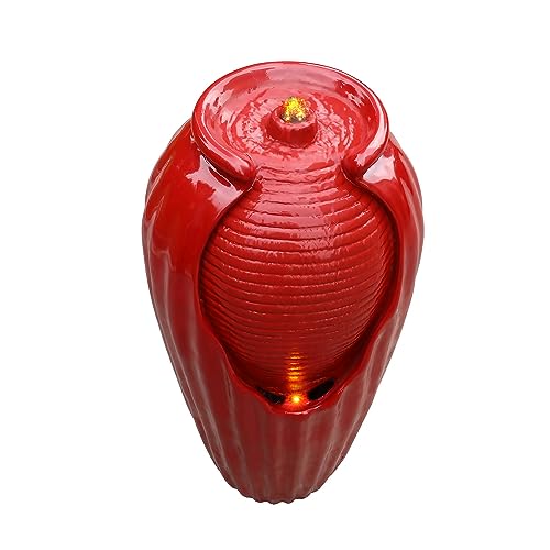 Glazed Vase Floor Freestanding Water Fountain with LED Lights and Pump for Outdoor Patio Backyard Deck Plant Garden Décor