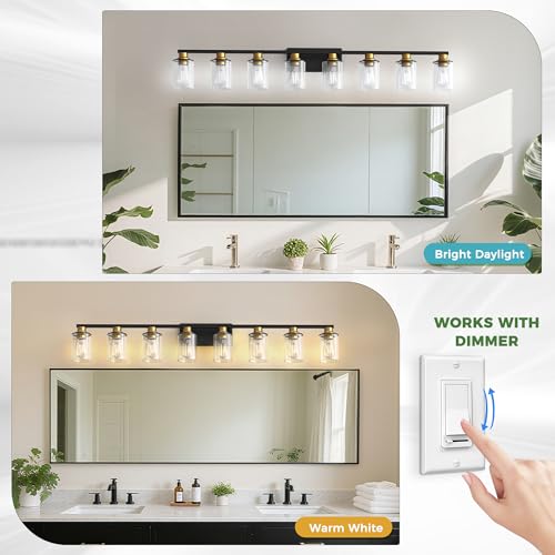 55 Inch 8 Light Black and Gold Bathroom Vanity Light Fixture