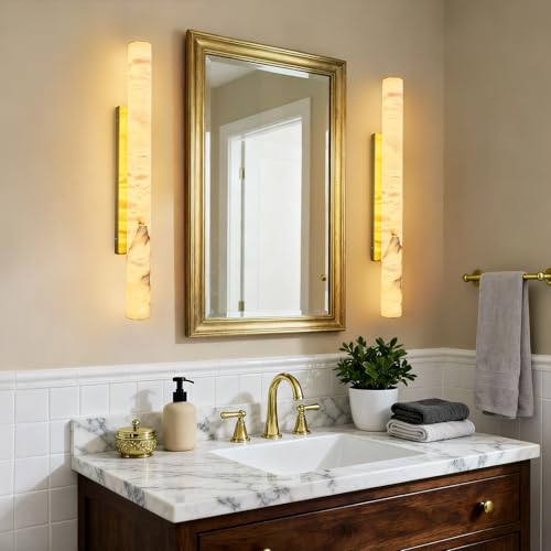 Natural Alabaster Wall Sconces Spanish Marble Wall Light Cylinder Modern Gold LED Sconce for Living Room Bedroom Bathroom Stairs（L