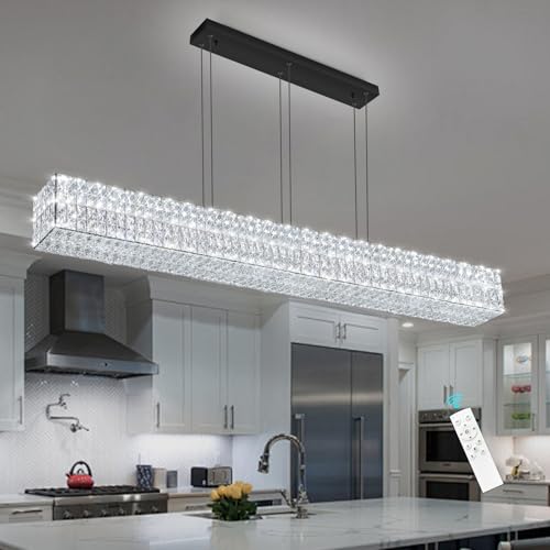 Rectangular Crystal Chandelier Dimmable LED Linear Chandeliers for Dining Room Remote Ceiling Pendants Light Fixture for Kitchen Island Black