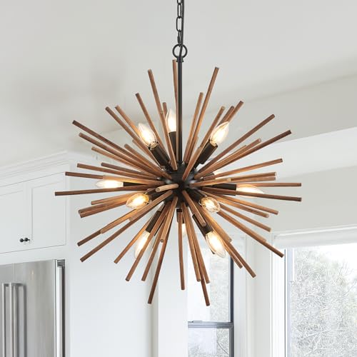 23.6" Farmhouse Sputnik Chandelier for Dining Room Rustic Handmade Natural Wood 12 (12 Count)