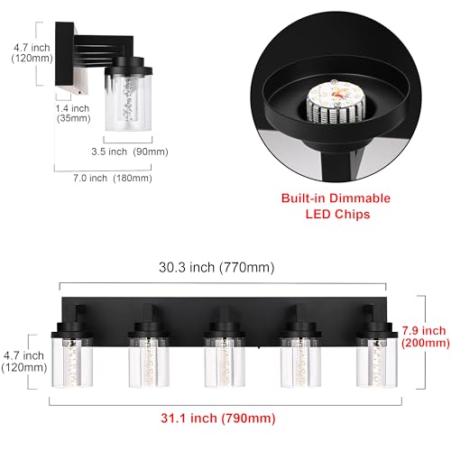Black LED Vanity Lights for Bathroom 5 Color Temperature