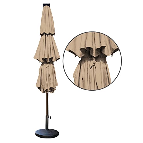 USA 10-Year-Non-Fading 9ft 3-Tier Market Patio Umbrella, Commercial Table Umbrella with 80 Solar LED Lights, Crank Open, Windproof & UPF 50+ UV Protection for Garden, Deck, Pool, Backyard, Heather Beige