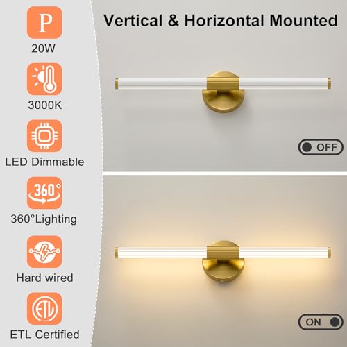 LED Bathroom Light Fixtures Gold Vanity Lights Modern 24"