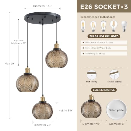 3 Light Vintage Amber Striped Glass Cluster Pendant Light