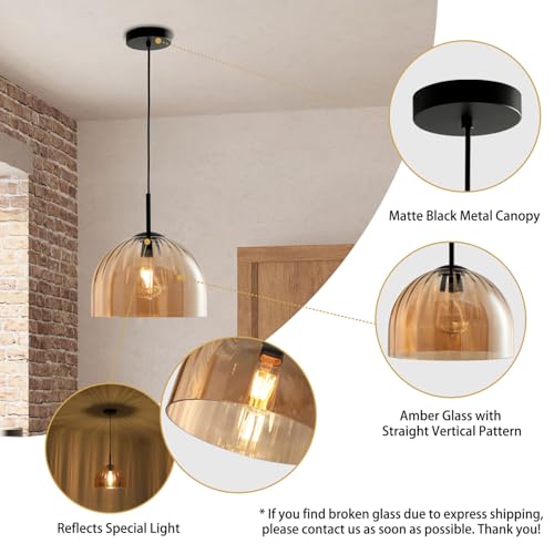 Amber Ribbed Glass Pendant Light Kitchen Island 11.8Inch Black Hanging Lamp