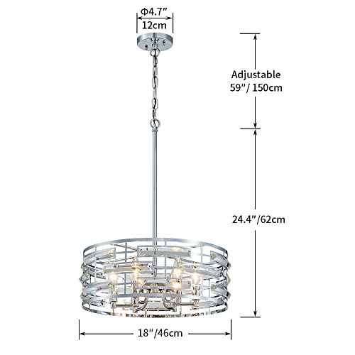Saint Mossi Modern K9 Crystal Chandeliers, Drum Pedant Light Fixture for Living Space, D18 x H24, Adjustable Chains 59", Chrome Finish Metal Frame