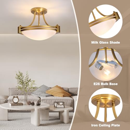 Semi Flush Mount Ceiling Light Fixture 12 inch Brushed Gold Light Fixture with Milk Glass for Bedroom Kitchen Bathroom Hallway Foyer Dinning Room Hall Entryway ETL Certified (2 Count)