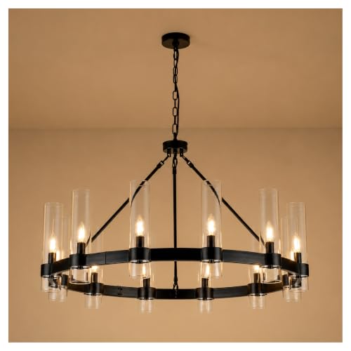 38 Inch Black Wagon Wheel Chandelier with Glass Shade