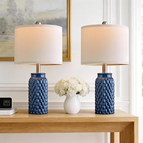 20.5 inches Modern Ceramic Dark Blue Bedside Lamp Set of 2 for Bedroom Decor Farmhouse Table Lamp for Living Room Office Dorm (2 Count)