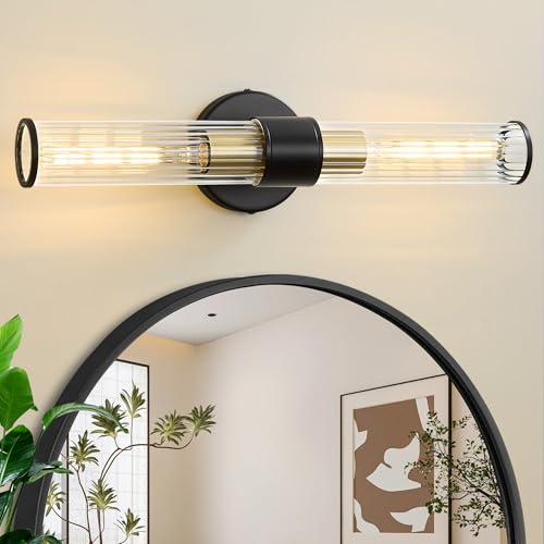 Hardwired Black Gold Vanity Light Threaded Glass Wall Sconce