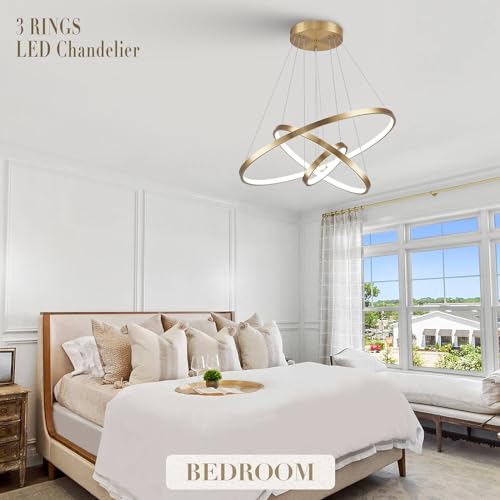 3 Rings LED Chandeliers Modern Gold Chandelier Dimmable Flush Mount Pendant Light Fixture Remote Control Contemporary Pendant Chandelier for Dining Room Bedroom Foyer