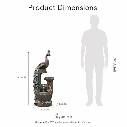 Outdoor Water Fountain 41" H Cascading Peacock Waterfall Fountain with LED Lights & Pump Tiered Water Feature for Garden