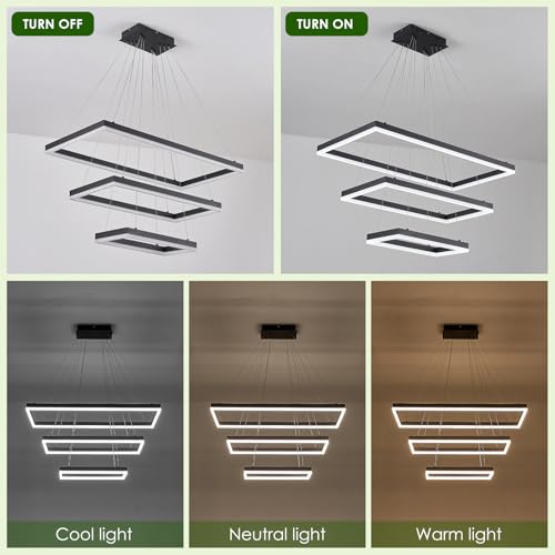 3 Rings Modern LED Chandelier Black 31.5inch Rectangle Dimmable LED Pendant Light with Remote Control 3 Tier Flush Mount High Ceiling Light for Dining Living Room Foyer