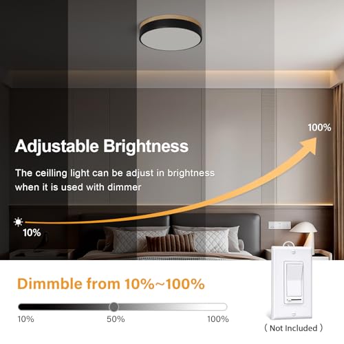 Dimmable LED Wood Black Round Flush Mount Ceiling Light 11.81 Inch