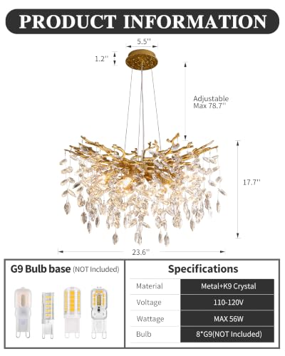 Modern Tree Branch Crystal Chandelier Luxury Gold Crystal Pendant Lighting 23.6" Contemporary 8