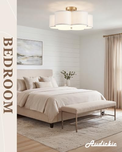 18" Gold Semi Flush Mount Ceiling Light with White Fabric Shade