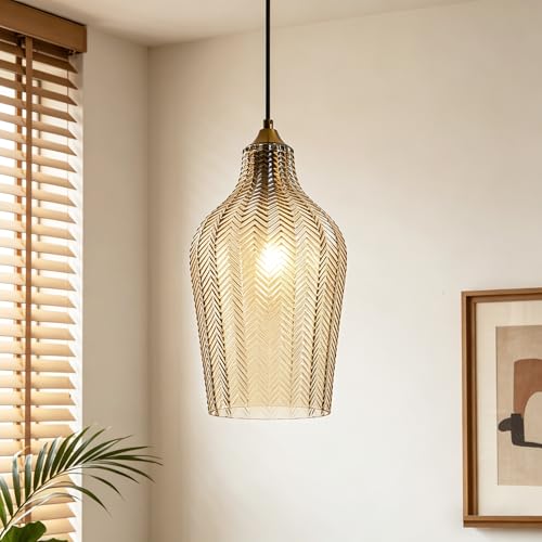 Amber Glass Pendant Lights Kitchen Island Gold Hanging Ceiling Light 6.7"