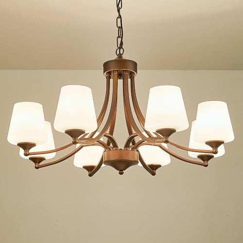 8 Light Large Rustic Chandeliers with Frosted Milky White Glass