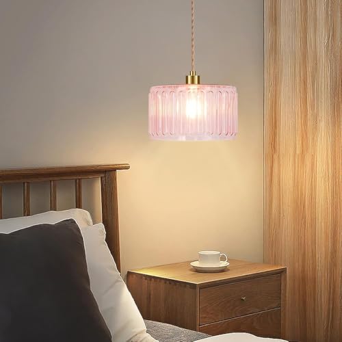 Pink Plug in Pendant Light Glass Hanging Lights with Plug in Cord Boho Hanging Lamp Gold Mid Century Modern Vintage Dimmable Flower Plug in Chandelier Ceiling Fixture for Living Room