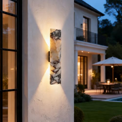 2 Pack 12.6in Natural Alabaster Marble Wall Sconce LED Waterproof Outdoor Indoor Wall Lamp Nordic Up Down Light Fixture Hardwired Metal Base 18W 3000K Universal Voltage for Porch Bedroom Living Room