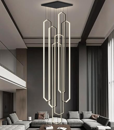 6 Rings Large Chandelier for Staircase Modern High Ceiling Chandelier LED Dimmable Chandeliers for Foyer Staircase Enterway Living Room Villa Black (6 Count)