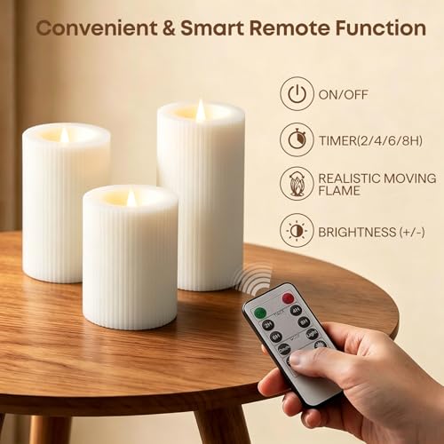 White Ribbed Moving Flame Flameless Pillar Candles with Remote (White)