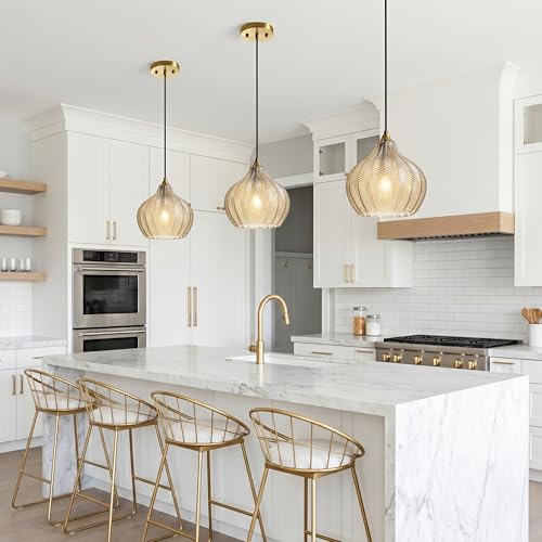 Amber Glass Pendant Lights Kitchen Island Gold Hanging Ceiling Light 9"