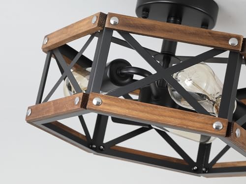 3 Light Rustic Farmhouse Wood Flush Mount Ceiling Light Fixture 14.5 inch Oak Wood and Metal Hexagon Cage Semi Flush Mount Ceiling Light for Hallway Hall Entry Bedroom Kitchen Farmhouse
