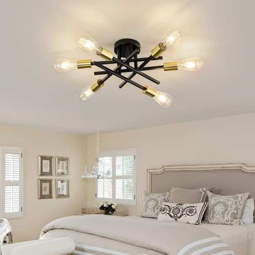 6 Lights Sputnik Semi Flush Mount Ceiling Light Fixture Modern Metal Black and Gold Chandeliers with E26 Bulb Base Close to Ceiling Light for Kitchen Dining Room Living Room Hallway Bedroom