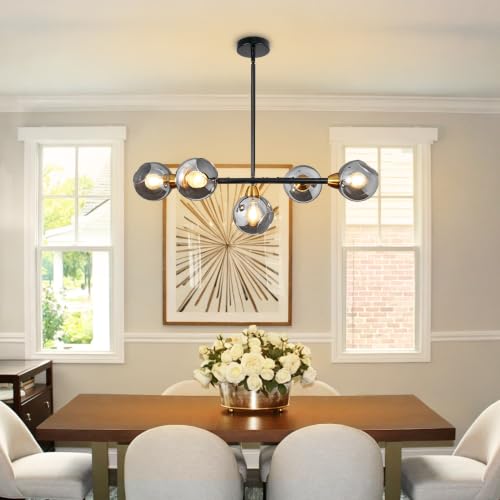 Black and Gold Linear Chandelier 5 Lights Sputnik Pendant Light 36.6 Inch