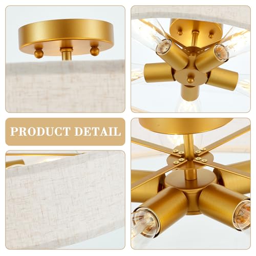 Gold Semi Flush Mount Ceiling Light Fixture 24" Large Modern Ceiling Light with Linen Fabric Drum Shade 5
