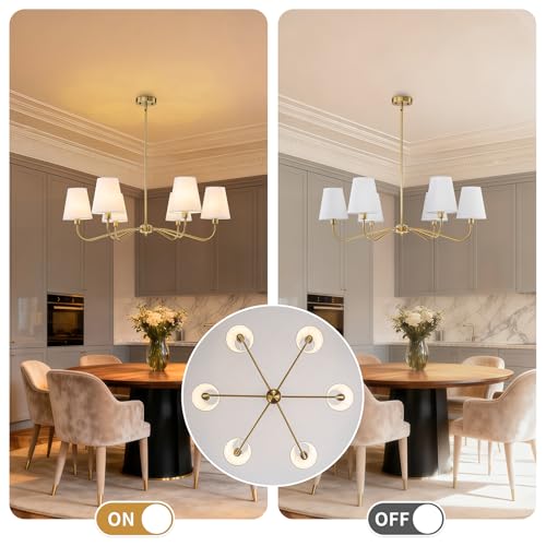 Brass Gold Chandeliers for Dining Room 6 Light Chandelier with Fabric Shade
