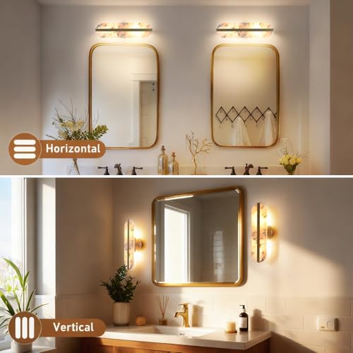 15.7" Natural Alabaster Wall Sconces Marble Wall Sconces Gold Bathroom Vanity Wall Light Fixtures Modern Oval Stone Wall Lamp for Bedroom Living Room Hallway Restaurant Stairs