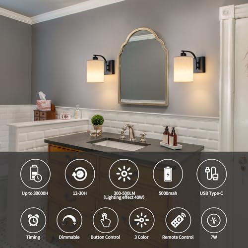 Black Rechargeable Wall Sconces Set of 2 with Remote (2 Wall Sconces)