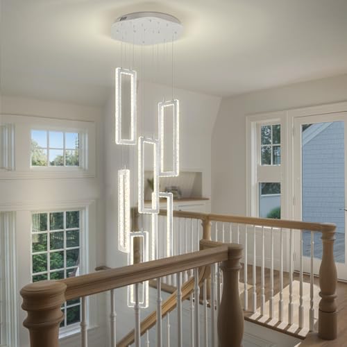Modern Chandelier 6 Rings Silver Chandelier Lighting Fixture High Ceiling Chandelier Suitable for Living Room Staircase Villa