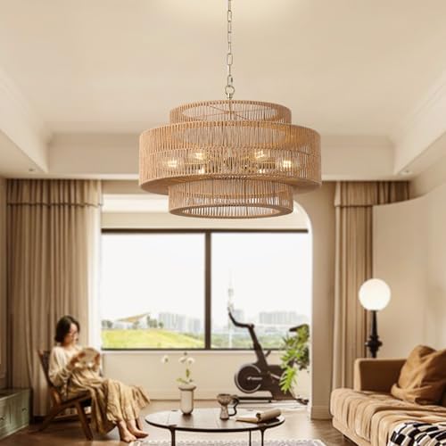 23.6"Large Boho Rattan Farmhouse Chandeliers for Dining Room