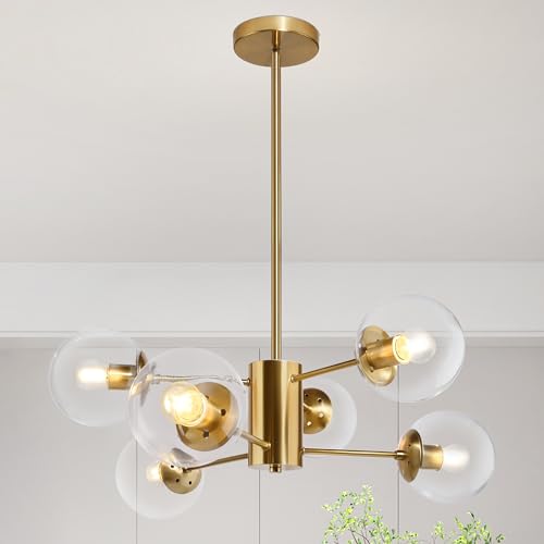 6 Light Globe Sputnik Chandelier Modern Gold Sputnik Chandelier Mid Century Pendant Light Brushed Brass Finished with Clear Globe Glass Lampshade Chandeliers for Dining Room Kitchen