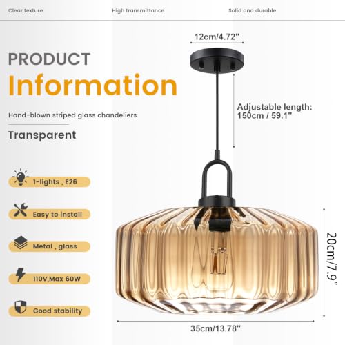13.78″ Large Glass Pendant Light Mid Century Amber Lighting Fixture