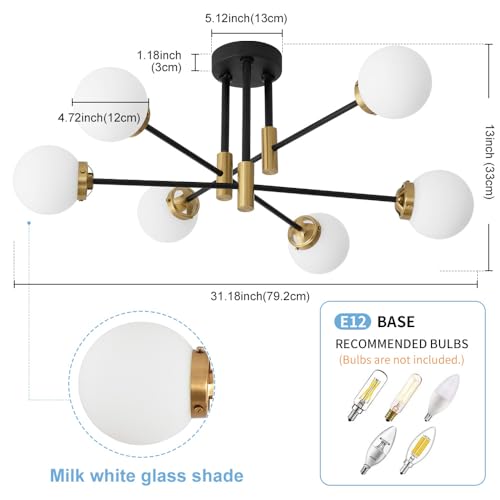 Sputnik Ceiling Light Fixture 6 Light with Milk White Glass Shade