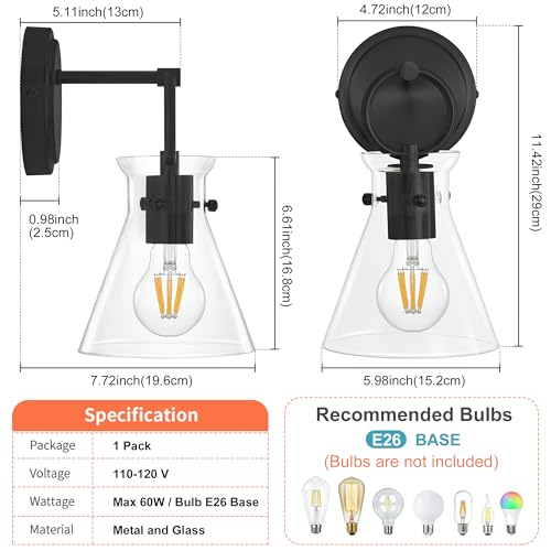 Wall Sconce for Bathroom 6" Clear Glass Shade Black 1 Pack
