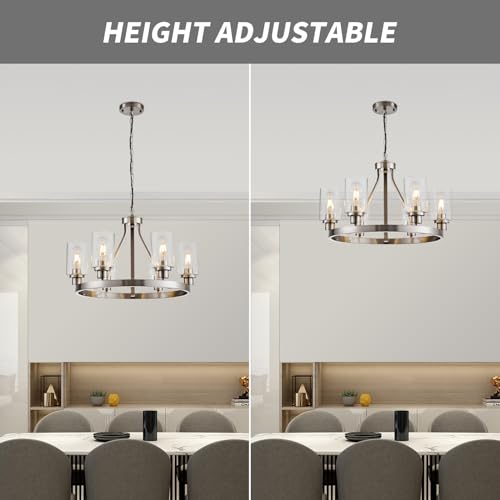 6 Light Modern Dining Room Light Fixture Brushed Nickel Kitchen Chandelier Ceiling Hanging Pendant Lighting with Glass Shade for Living Room Bedroom Entryway Adjustable Height Metal E26