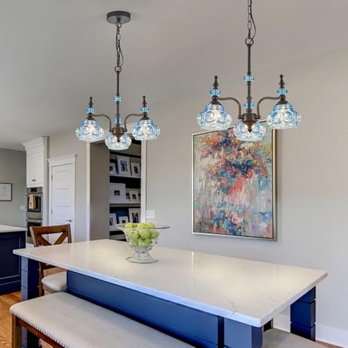 Blue 3 Light Pendant Light Fixtures Black Lights Victorian Vintage Celing Pendant Fixtures for Kitchen Island Bedroom Restrant