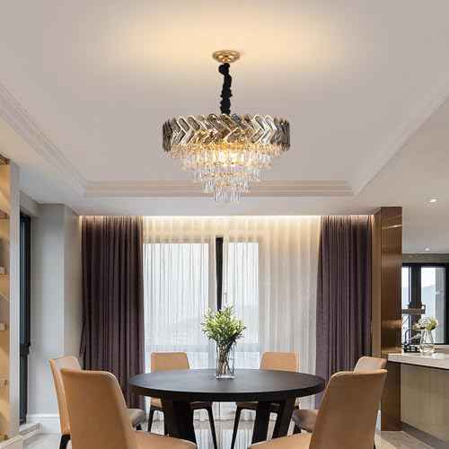 Modern Crystal Chandelier Gold,24" Round Crystals Chandeliers for Dining Room Top K9 Adjustable Ceiling Light Fixture 5-Tier Crystal Pendant Lamp 9-Light for Living Room Foyer Staircase